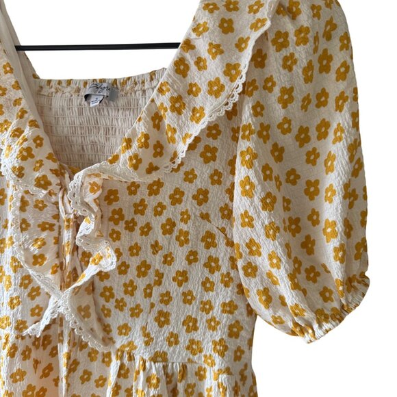 Polagram Dress Yellow Floral With Lace Trim & Puff Sleeves Smocked Back Size S - Picture 5 of 10